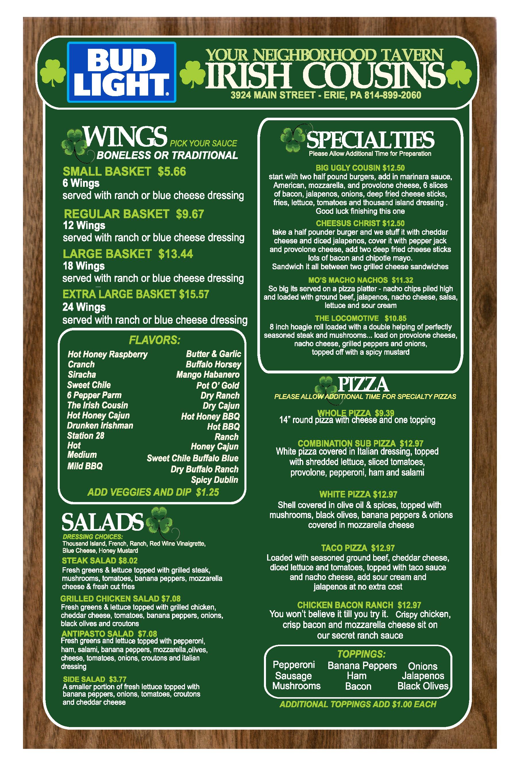 Irish Cousins Menu Erie, Pennsylvania